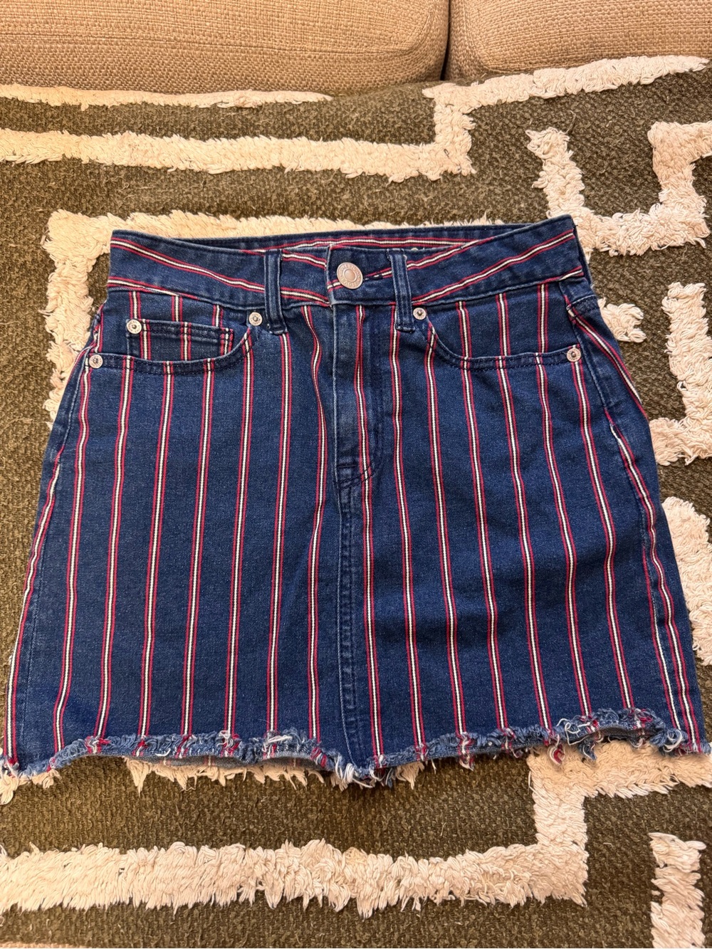 American Eagle Outfitters Navy Denim Mini Skirt with Red & White Stripes